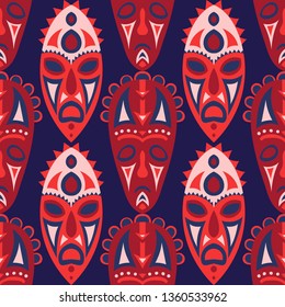 Vector Illustration. Abstract Seamless Background with Ritual Masks for Poster or Banner. Ethnic Seamless Background with Color Trible Ritual Masks for your Design. Vector Texture.