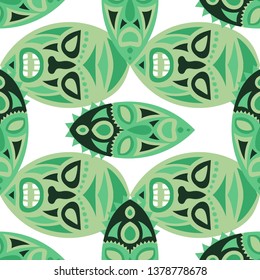 Vector Illustration. Abstract Seamless Background with Ritual Masks for Card or Poster. Ethnic Seamless Pattern with Color Trible Shamanic Masks for your Design. Vector Texture.