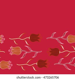 Vector illustration. Abstract seamless background with flying pink, red and orange tulips. Seamless pattern with pink, red and orange tulips.