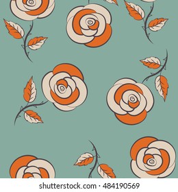 Vector illustration. Abstract seamless background with flying orange, blue and gray roses. Seamless pattern with orange, blue and gray roses.
