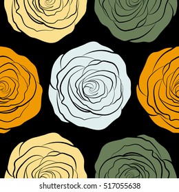 Vector illustration. Abstract seamless background with flying green, yellow and neutral roses on a black background. Seamless pattern with green, yellow and neutral roses.