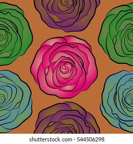 Vector illustration. Abstract seamless background with flying brown, green and purple roses. Seamless pattern with brown, green and purple roses.
