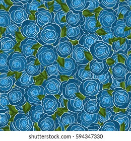 Vector illustration. Abstract seamless background with flying blue roses and green leaves. Seamless pattern with blue roses.