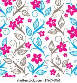 Vector Illustration: Abstract Seamless Floral Pattern. Leaves, Flowers and Curved Lines on White