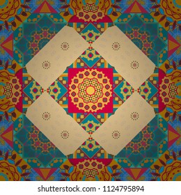 Vector illustration. Abstract seamless geometric pattern consisting of yellow, blue and beige tiles.