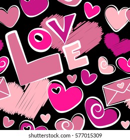 Vector illustration. Vector abstract seamless heart pattern in pink and magenta colors. Doodle hearts, love text and letter on a black background.