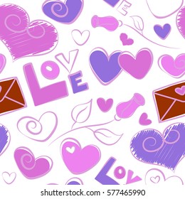 Vector illustration. Vector abstract seamless heart pattern in pink, white and violet colors. Doodle flower, hearts, love text and letter on a white background.