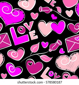 Vector illustration. Vector abstract seamless heart pattern in magenta and pink colors. Doodle flower, hearts, love text and letter on a black background.