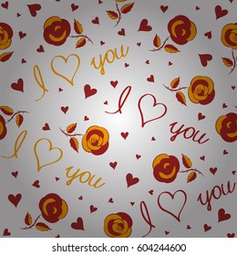 Vector illustration. Vector abstract seamless heart pattern in yellow and red colors. Doodle flower, hearts, love text on a white background.