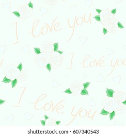 Vector illustration. Vector abstract seamless heart pattern. Doodle hearts, rose flower, love text and letter on a neutral background.