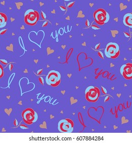 Vector illustration. Vector abstract seamless heart pattern in magenta and violet colors. Doodle hearts, rose flower, love text.