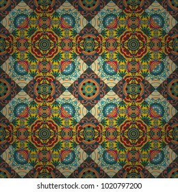 Vector illustration. Abstract seamless pattern consisting of orange, blue and green tiles.