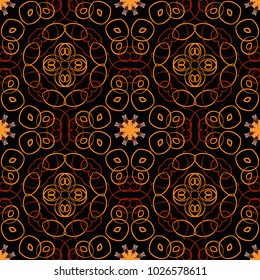 Vector illustration. Abstract seamless pattern polygonal and Mandala shape kaleidoscope geometry in red, orange and black colors. Vector template circle decorative.