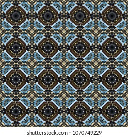 Vector illustration. Abstract seamless pattern in orange, blue and green colors. Ideal for printing on fabric or paper. Square scraps in oriental style.