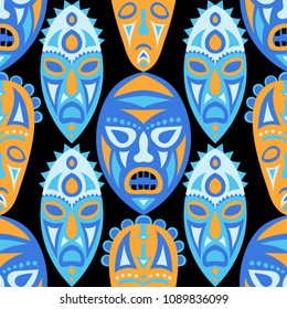 Vector Illustration. Abstract Seamless Pattern with Color Masks for Textile or Paper. Ethnic Seamless Background with Color Trible Ritual Masks for your Design. Vector Texture.