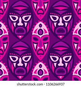 Vector Illustration. Abstract Seamless Pattern with Color Masks for Print or Card. Ethnic Seamless Pattern with Color Trible Shamanic Masks for your Design. Vector Texture.
