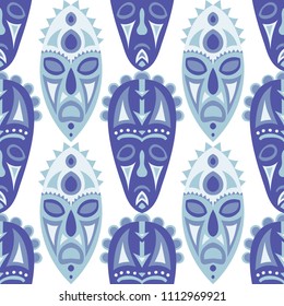Vector Illustration. Abstract Seamless Pattern with Color Masks for Poster or Banner. Ethnic Seamless Pattern with Color Trible Shamanic Masks for your Design. Vector Texture.