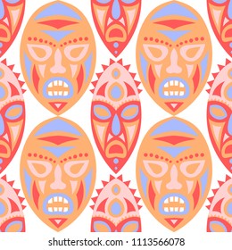 Vector Illustration. Abstract Seamless Pattern with Color Masks for Print or Card. Ethnic Seamless Pattern with Color Trible Shamanic Masks for your Design. Vector Texture.