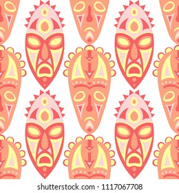 Vector Illustration. Abstract Seamless Pattern with Color Masks for Poster or Banner. Ethnic Seamless Background with Color Trible Ritual Masks for your Design. Vector Texture.