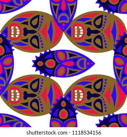 Vector Illustration. Abstract Seamless Pattern with Color Masks for Textile or Paper. Ethnic Seamless Background with Color Tribal Ritual Masks for your Design. Vector Texture.