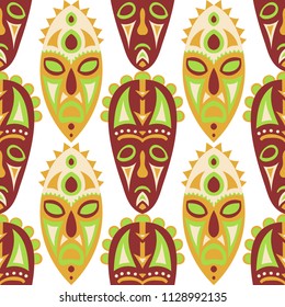 Vector Illustration. Abstract Seamless Pattern with Color Masks for Poster or Banner. Ethnic Seamless Background with Color Trible Ritual Masks for your Design. Vector Texture.