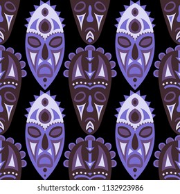 Vector Illustration. Abstract Seamless Pattern with Color Masks for Textile or Paper. Ethnic Seamless Pattern with Color Trible Shamanic Masks for your Design. Vector Texture.