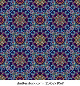 Vector illustration. Abstract seamless pattern in brown, blue and orange colors. Square scraps in oriental style. Ideal for printing on fabric or paper.