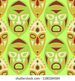 Vector Illustration. Abstract Seamless Pattern with Color Masks for Print or Card. Ethnic Seamless Background with Color Trible Ritual Masks for your Design. Vector Texture.
