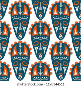 Vector Illustration. Abstract Seamless Pattern with Color Masks for Print or Card. Ethnic Seamless Background with Color Trible Ritual Masks for your Design. Vector Texture.
