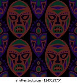 Vector Illustration. Abstract Seamless Pattern with Color Masks for Print or Card. Ethnic Seamless Background with Color Trible Ritual Masks for your Design. Vector Texture.