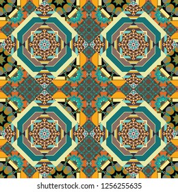 Vector illustration. Abstract seamless pattern in brown, yellow and blue colors. Square scraps in oriental style. Ideal for printing on fabric or paper.