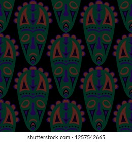 Vector Illustration. Abstract Seamless Pattern with Color Masks for Card or Poster. Ethnic Seamless Pattern with Color Trible Shamanic Masks for your Design. Vector Texture.