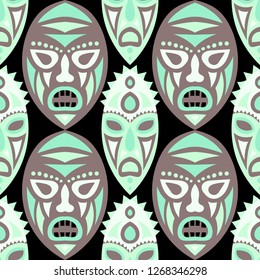 Vector Illustration. Abstract Seamless Pattern with Color Masks for Textile or Paper. Ethnic Seamless Pattern with Color Trible Shamanic Masks for your Design. Vector Texture.