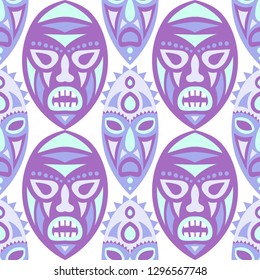 Vector Illustration. Abstract Seamless Pattern with Color Masks for Card or Poster. Ethnic Seamless Background with Color Trible Ritual Masks for your Design. Vector Texture.