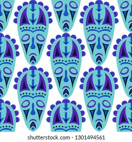 Vector Illustration. Abstract Seamless Pattern with Color Masks for Poster or Banner. Ethnic Seamless Pattern with Color Trible Shamanic Masks for your Design. Vector Texture.