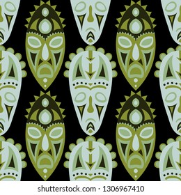 Vector Illustration. Abstract Seamless Pattern with Color Masks for Poster or Banner. Ethnic Seamless Pattern with Color Trible Shamanic Masks for your Design. Vector Texture.