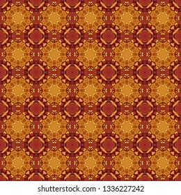 Vector illustration. Abstract seamless pattern in orange, red and brown colors. Ideal for printing on fabric or paper. Square scraps in oriental style.