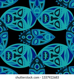 Vector Illustration. Abstract Seamless Pattern with Color Masks for Print or Card. Ethnic Seamless Background with Color Trible Ritual Masks for your Design. Vector Texture.