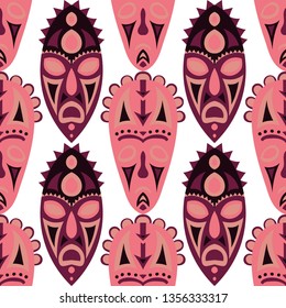 Vector Illustration. Abstract Seamless Pattern with Color Masks for Card or Poster. Ethnic Seamless Pattern with Color Trible Shamanic Masks for your Design. Vector Texture.