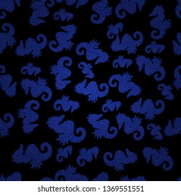 Vector illustration. Abstract seamless pattern for wallpaper, clothes, boys, girls. Sea Horse. Pictures in blue and black colors. In vintage style.