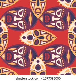 Vector Illustration. Abstract Seamless Pattern with Color Masks for Poster or Banner. Ethnic Seamless Pattern with Color Trible Shamanic Masks for your Design. Vector Texture.