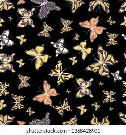 Vector illustration. Abstract seamless pattern for girls, boys, clothes, wallpaper. Collection of colorful butterflies, flying in different directions.