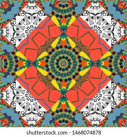 Vector illustration. Abstract seamless pattern consisting of pink, gray and blue tiles.