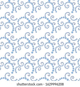 Vector illustration. The abstract seamless pattern with a repeated spirals of light blue circles on white background.