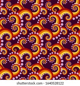 Vector illustration. The abstract seamless pattern with bright yellow, orange curls, swirls, lilac bubbles on burgundy color background.