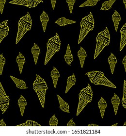 Vector illustration. Abstract seamless pattern in the form of colorful ice cream in a waffle cone on an isolated black background. Design for wallpapers, covers, printing on textiles and clothing.