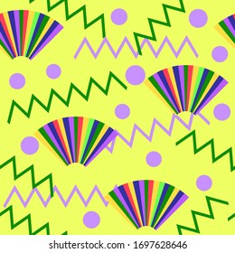 Vector illustration. Abstract seamless pattern with bright multi-colored
elements on yellow background. Design for wrapper, pack paper, cover, fabric makers.