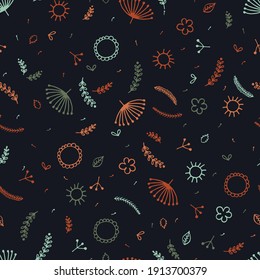 Vector illustration. Abstract Seamless pattern with Floral elements on dark blue. Twigs and Flowers. Hand drawn Doodle clipart. For greeting card, fabric, gift wrapping, Social Media. Scandi style.