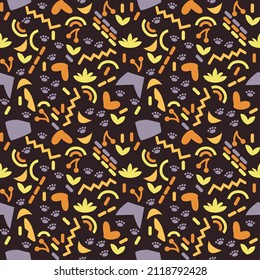 Vector illustration is an abstract seamless pattern with random bright spots on a dark background. Concept textiles, wallpaper or wrapping paper