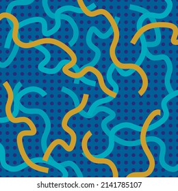 Vector illustration is an abstract seamless pattern with random curved lines on a bright blue background. Concept textiles, wallpaper or wrapping paper